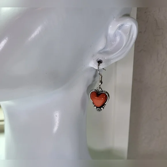 Western Coral Orange & Silver Dangle Heart Earrings  / Pierced - Picture 3 of 5